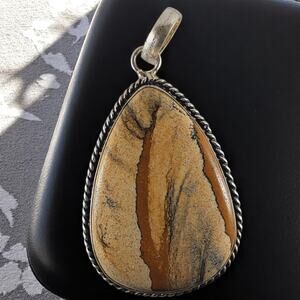 Sterling Silver Picture Jasper Pendant Teardrop Earth Tone 2.5" with Chain